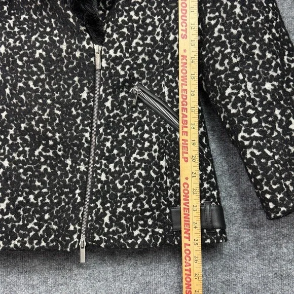 Karen Millen Leopard Print Faux Fur Collar Moto Jacket Women Black White Size 10